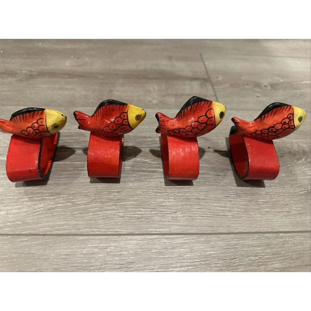 4 Vintage Red Hand Painted Wood‎ Wooden Fish Koi Napkin Ring Holders